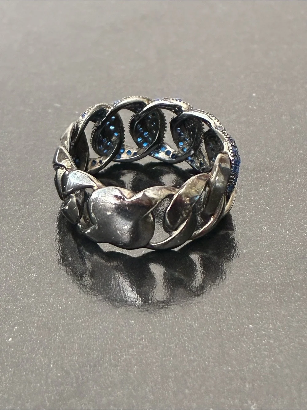 925 Sterling Silver Blue Pavé Chain Ring Sz 7- Statement/ Black Rhodium.